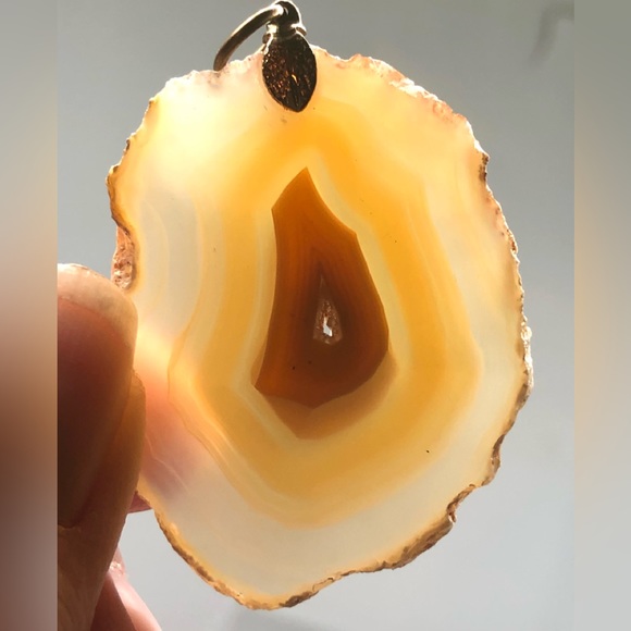 Light Orange Beige Agate Slice Natural Stone Pendant with Crystal Inclusions - Picture 3 of 5